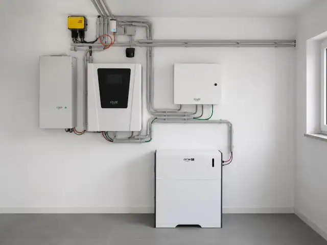 Heimspeicher mit Wechselrichter und Batterie an Wand