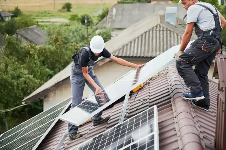 Zwei Arbeiter montieren Solarmodule auf Hausdach
