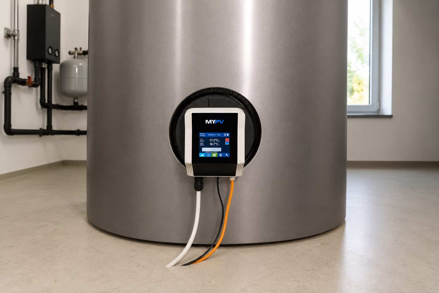 Warmwasserspeicher mit digitalem Steuerungsdisplay im Technikraum